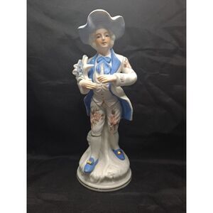Victorian Bisque Man Figurines, White Coat with Blue Lining 7 1/2" Made In Japan